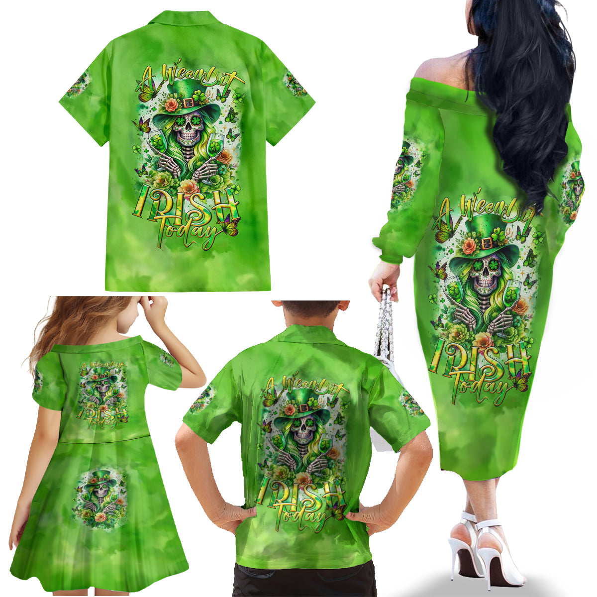 Irish Skull Family Matching Off The Shoulder Long Sleeve Dress and Hawaiian Shirt Irish Today - Wonder Print Shop