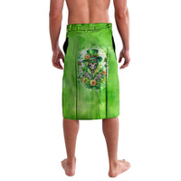 Green knee-length lavalava wrap skirt with elastic waist and Irish skull front print