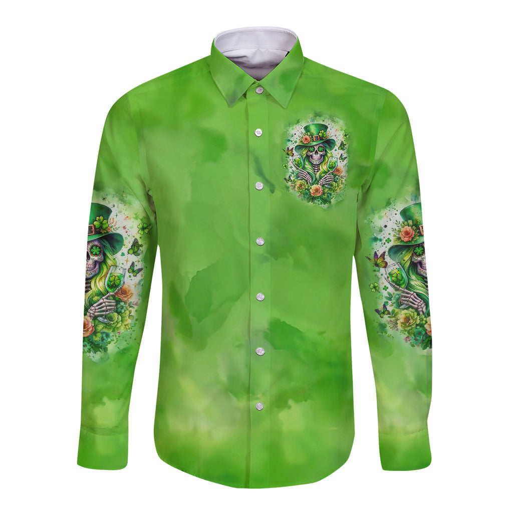 Green long-sleeve button shirt with chest skull graphic and sleeve shamrock prints