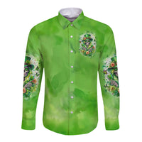 Green long-sleeve button shirt with chest skull graphic and sleeve shamrock prints