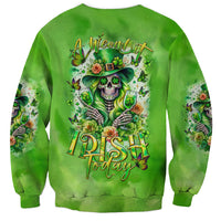 Green unisex sweatshirt with skeleton skull, shamrocks, and floral graphic on front
