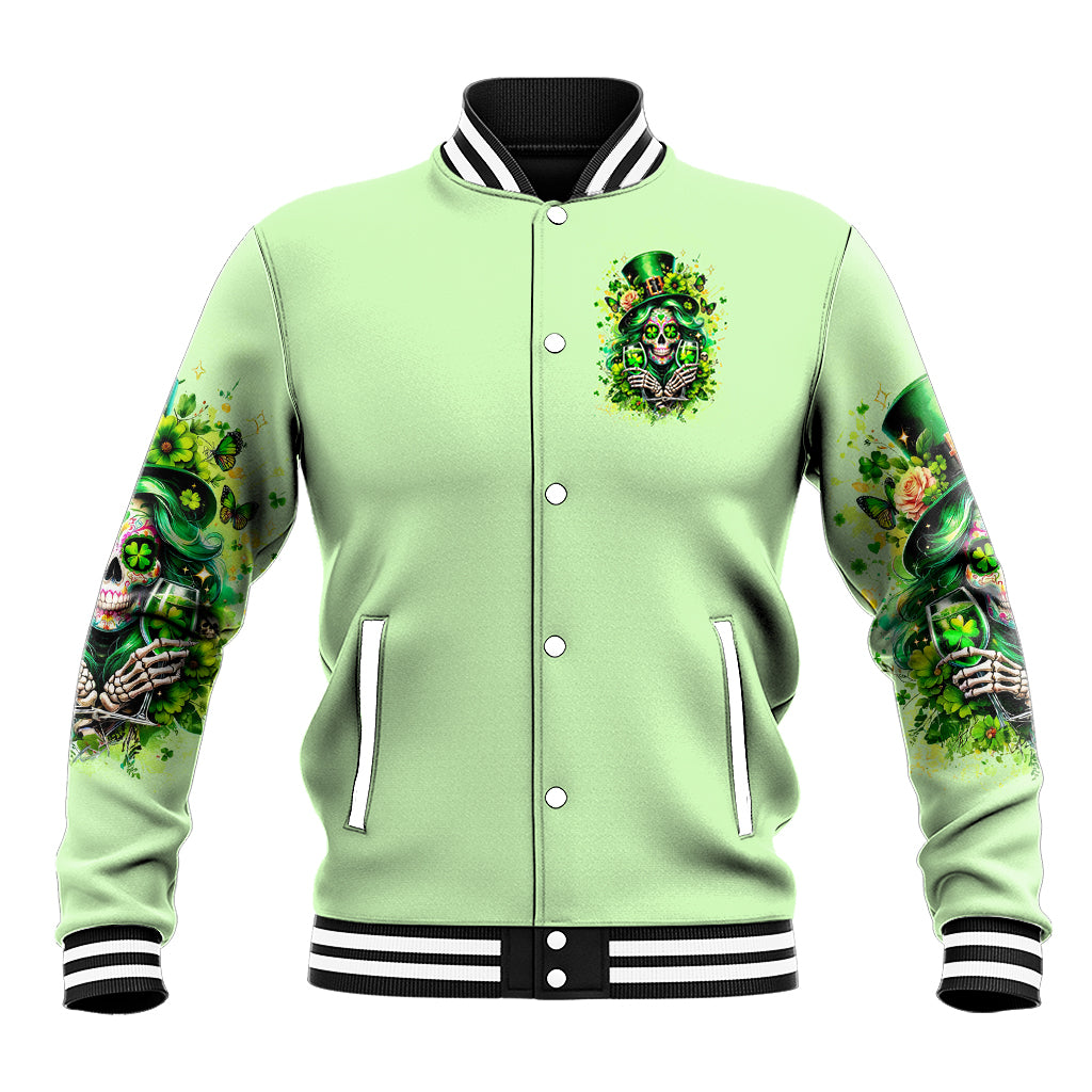 Green baseball jacket with button front, striped collar, and shamrock graphic patch