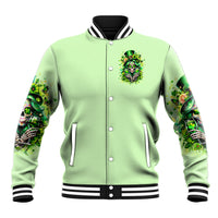Green baseball jacket with button front, striped collar, and shamrock graphic patch