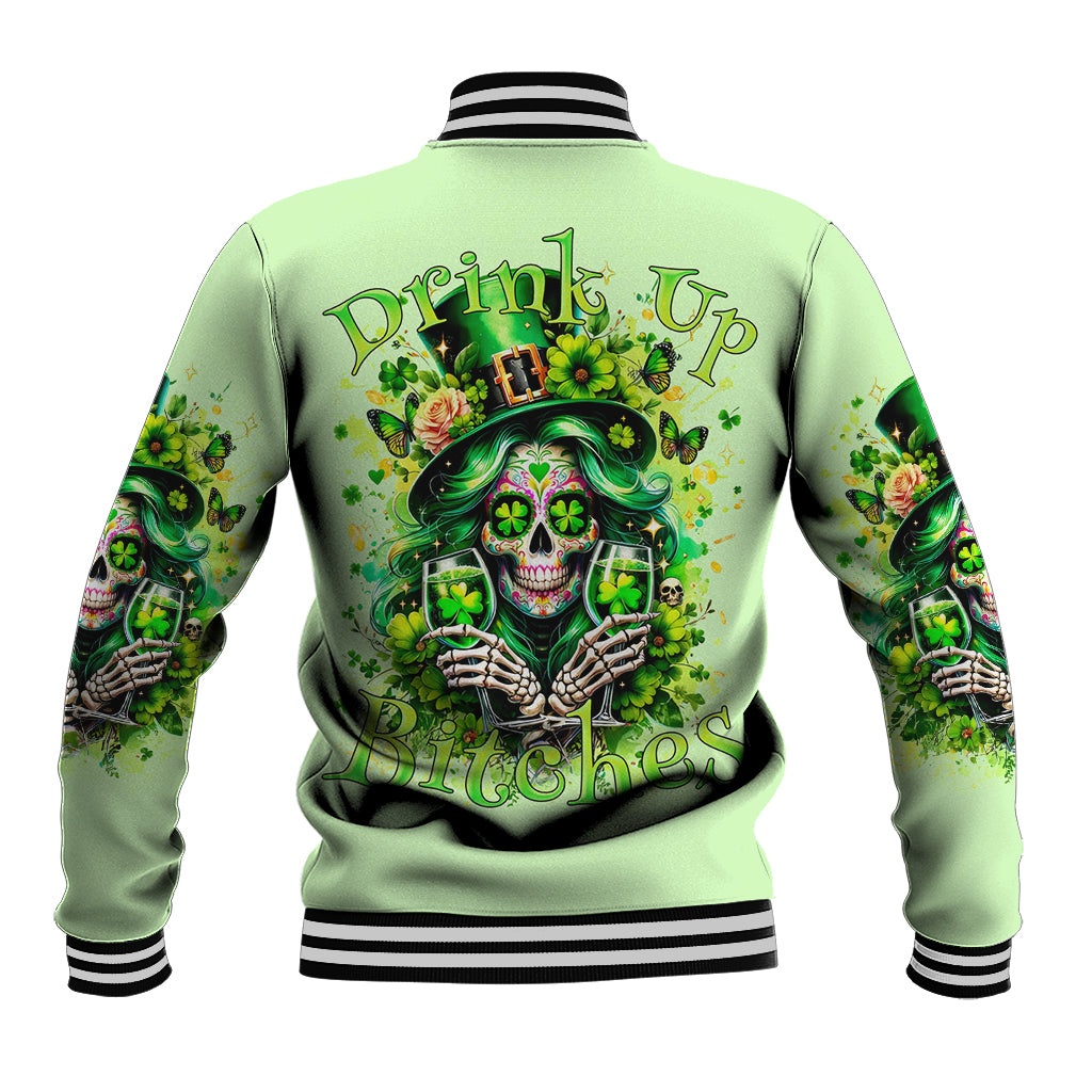 Green varsity baseball jacket with large skull and shamrock graphic on back