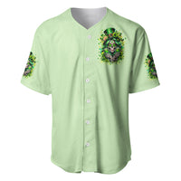 Green button-up baseball jersey with front graphic leprechaun skull