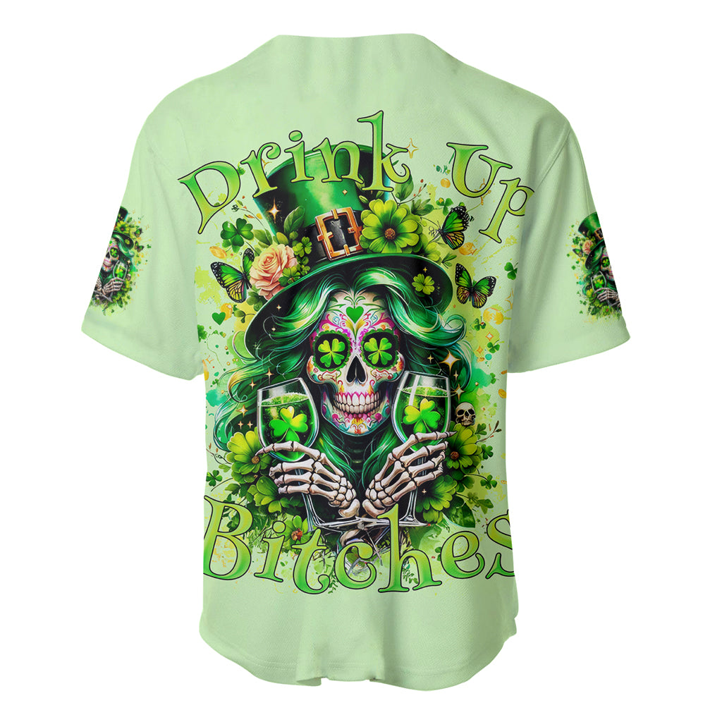 Green baseball jersey with back graphic skull, shamrocks, and text