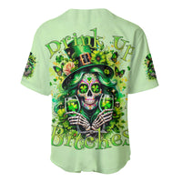 Green baseball jersey with back graphic skull, shamrocks, and text