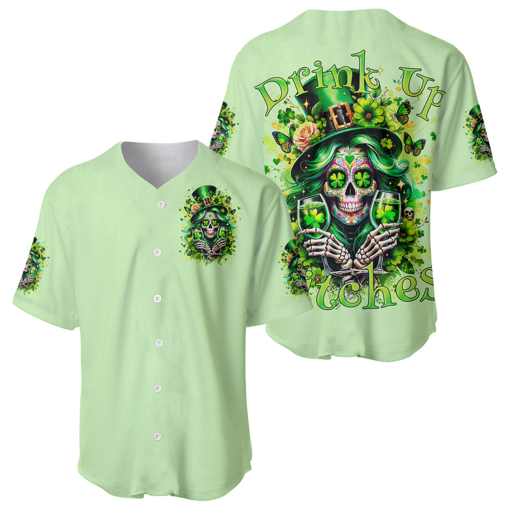 Green baseball jersey showing front button placket and back skull shamrock print