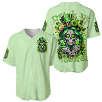 Green baseball jersey showing front button placket and back skull shamrock print