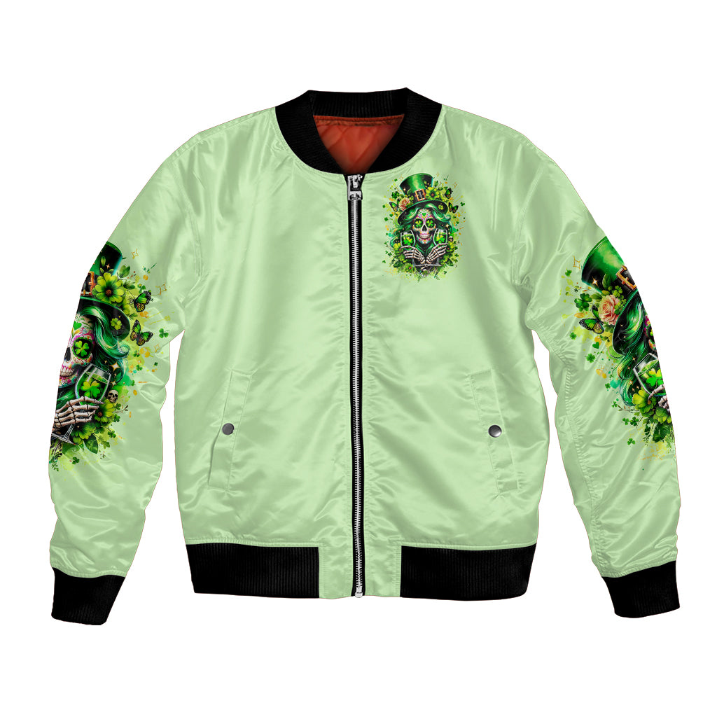 Green bomber jacket with front zip and skull graphic on chest, ribbed cuffs