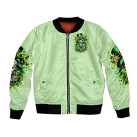 Green bomber jacket with front zip and skull graphic on chest, ribbed cuffs
