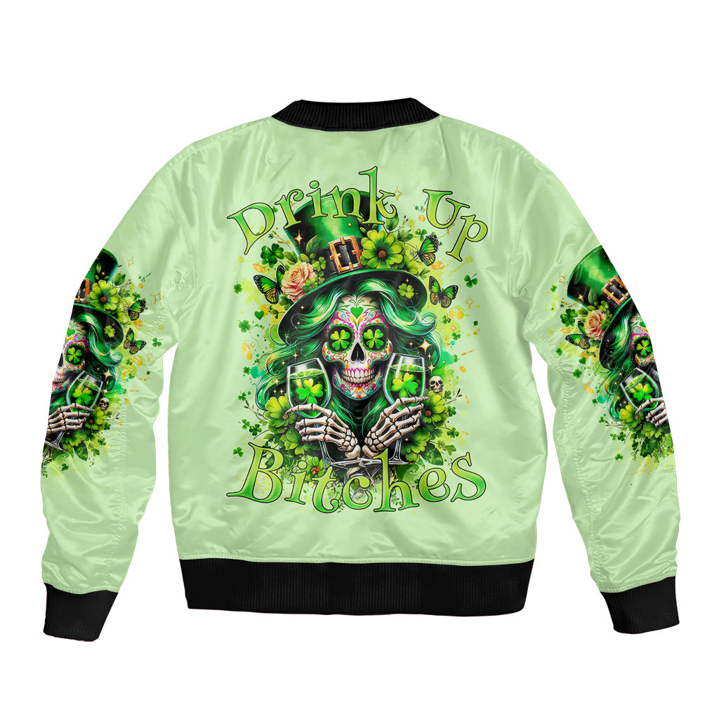 Green bomber jacket with back skull text graphic, ribbed hem and cuffs