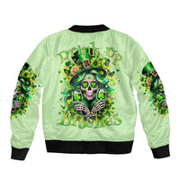 Green bomber jacket with back skull text graphic, ribbed hem and cuffs