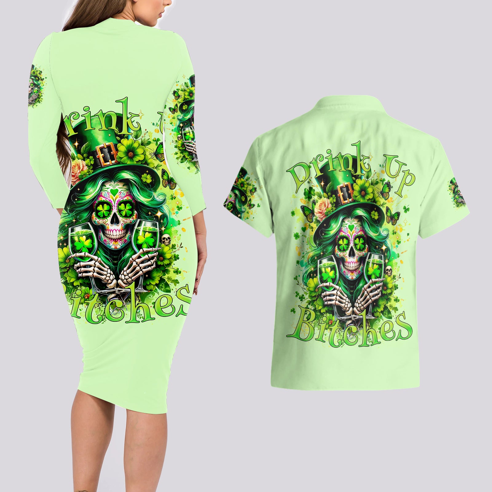 Irish Skull Couples Matching Long Sleeve Bodycon Dress and Hawaiian Shirt Drink Up Bitches - Wonder Print Shop