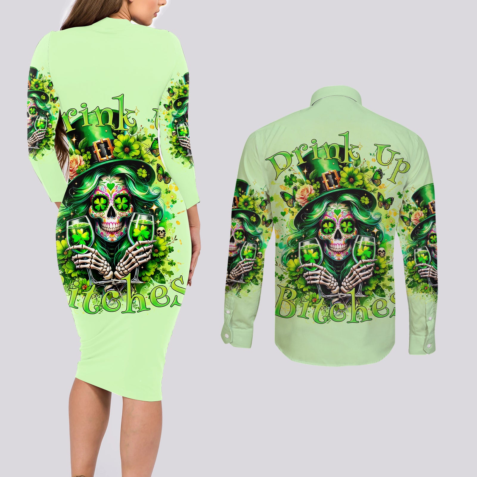 Irish Skull Couples Matching Long Sleeve Bodycon Dress and Long Sleeve Button Shirt Drink Up Bitches - Wonder Print Shop