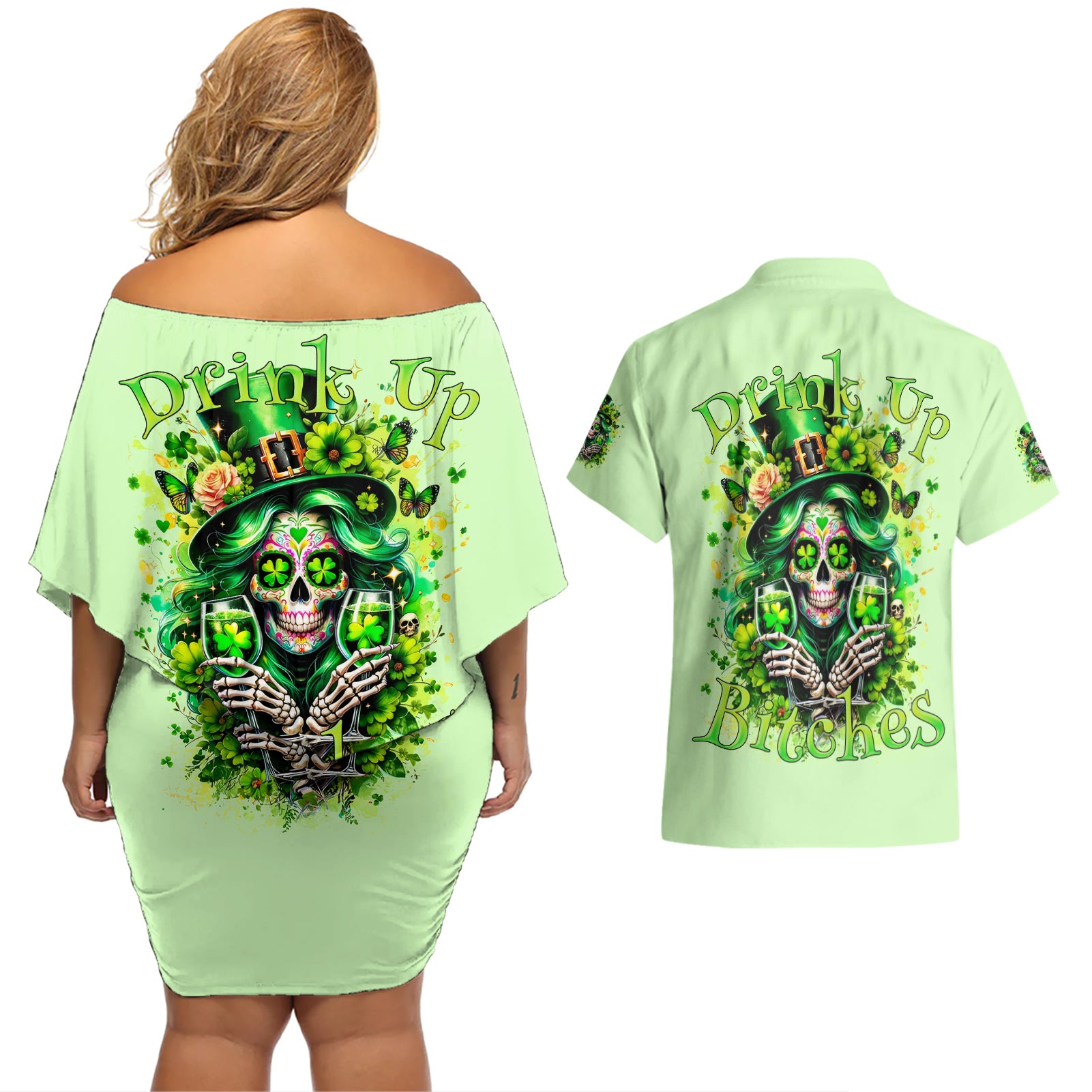 Irish Skull Couples Matching Off Shoulder Short Dress and Hawaiian Shirt Drink Up Bitches - Wonder Print Shop