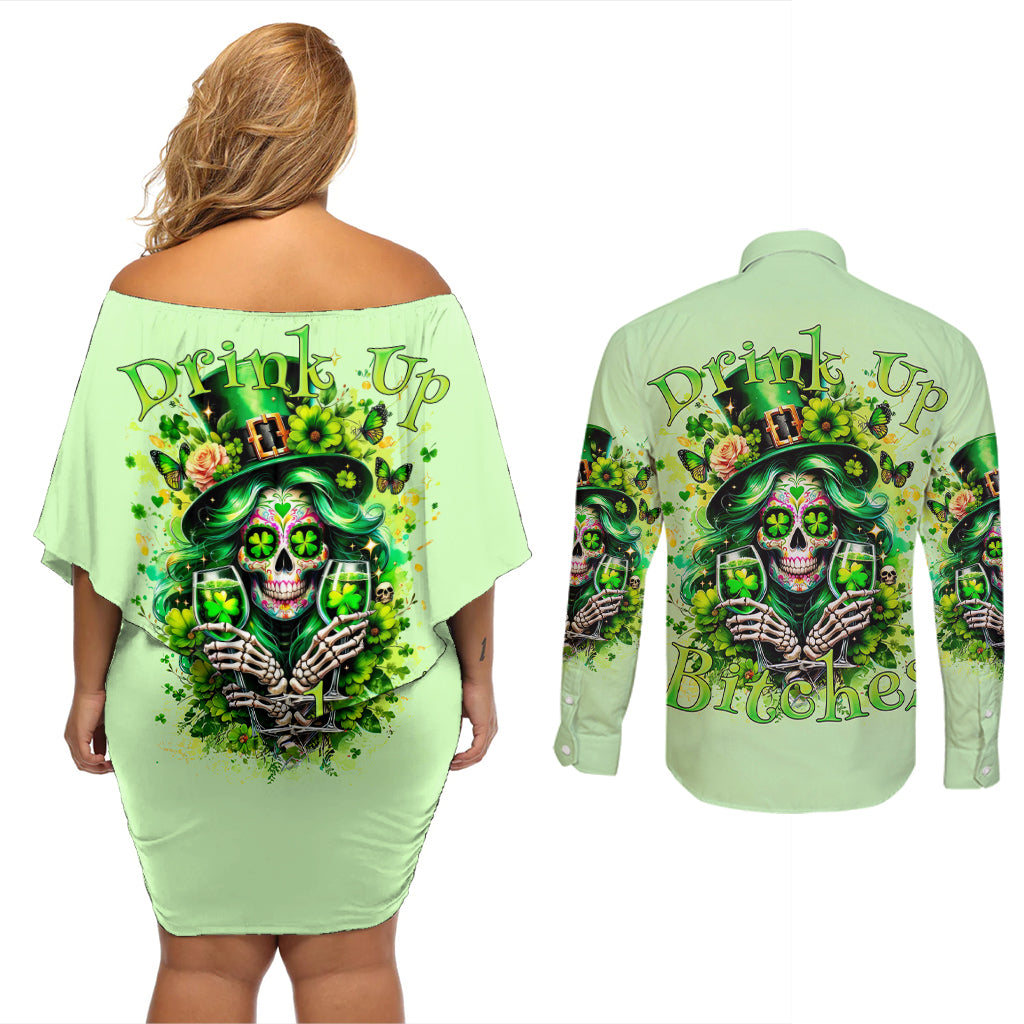 Irish Skull Couples Matching Off Shoulder Short Dress and Long Sleeve Button Shirt Drink Up Bitches - Wonder Print Shop