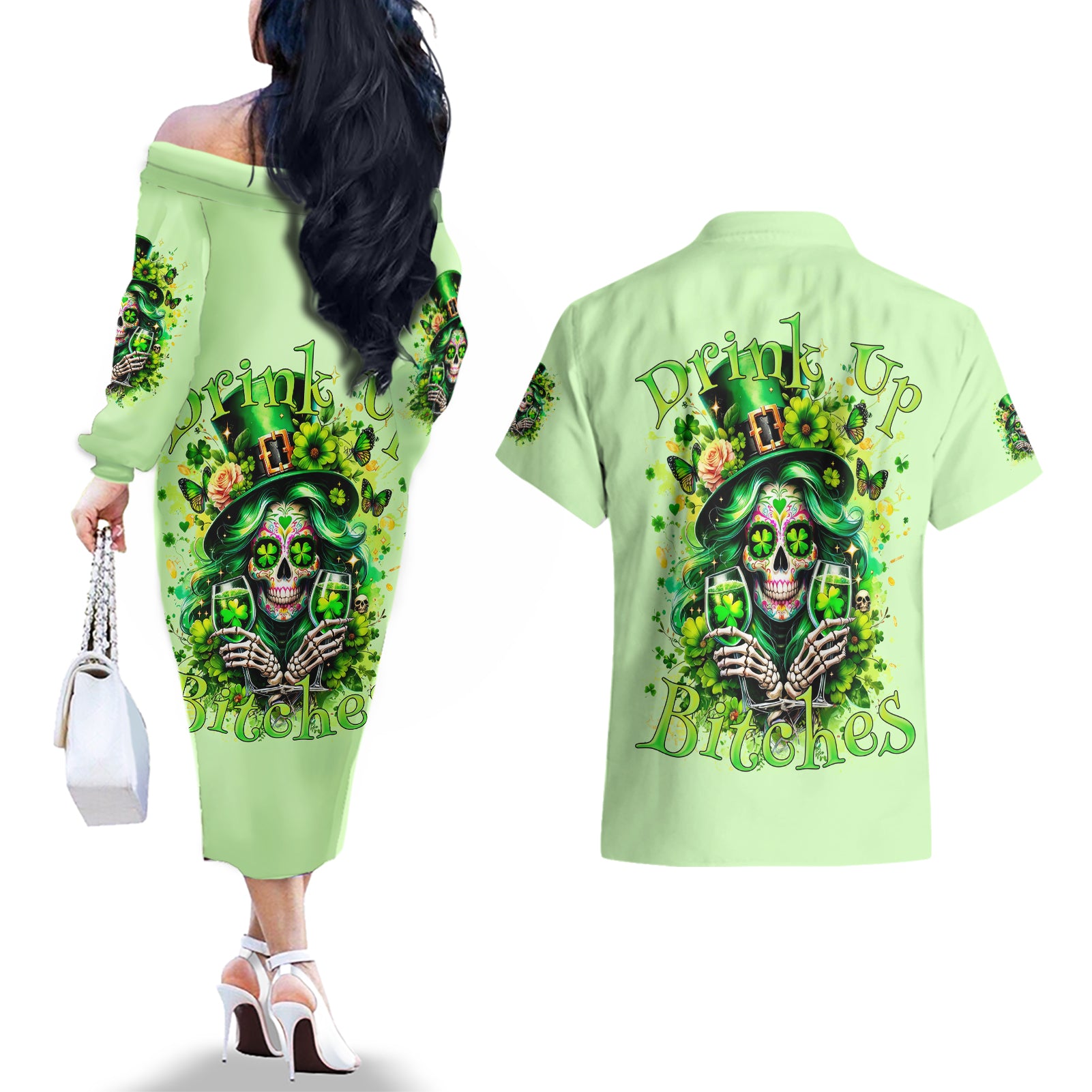 Irish Skull Couples Matching Off The Shoulder Long Sleeve Dress and Hawaiian Shirt Drink Up Bitches - Wonder Print Shop