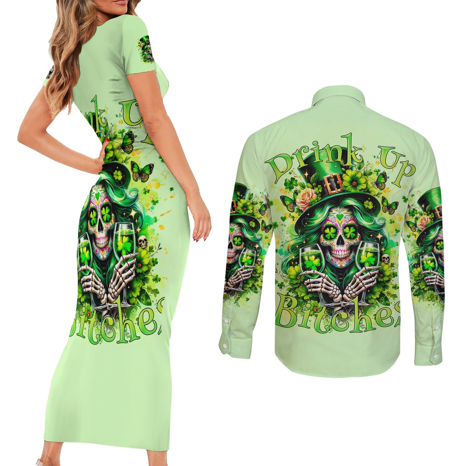 Irish Skull Couples Matching Short Sleeve Bodycon Dress and Long Sleeve Button Shirt Drink Up Bitches - Wonder Print Shop