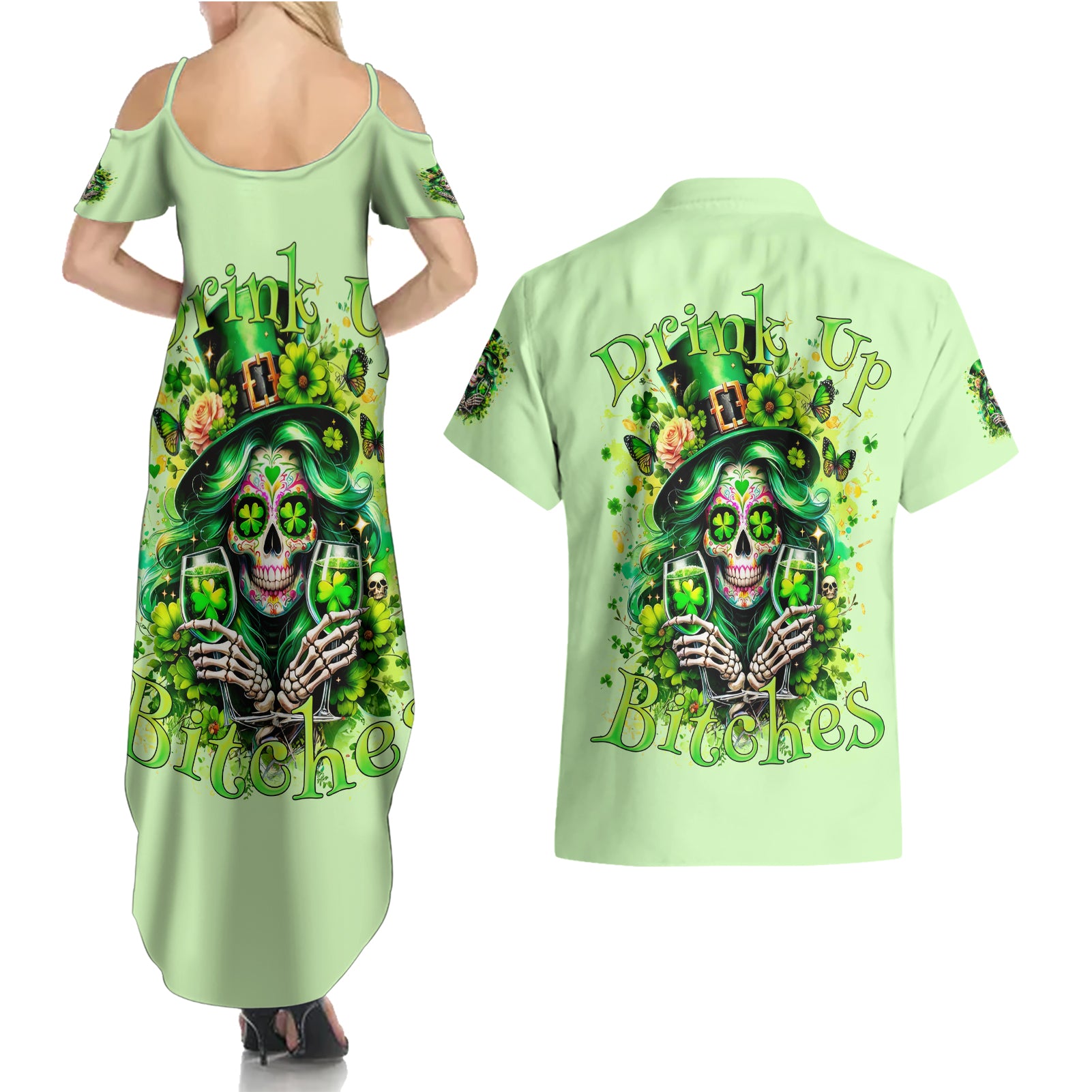 Irish Skull Couples Matching Summer Maxi Dress and Hawaiian Shirt Drink Up Bitches - Wonder Print Shop