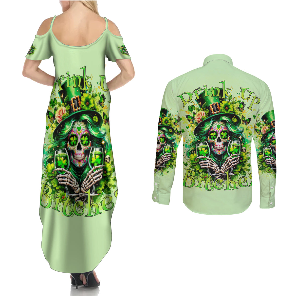 Irish Skull Couples Matching Summer Maxi Dress and Long Sleeve Button Shirt Drink Up Bitches - Wonder Print Shop