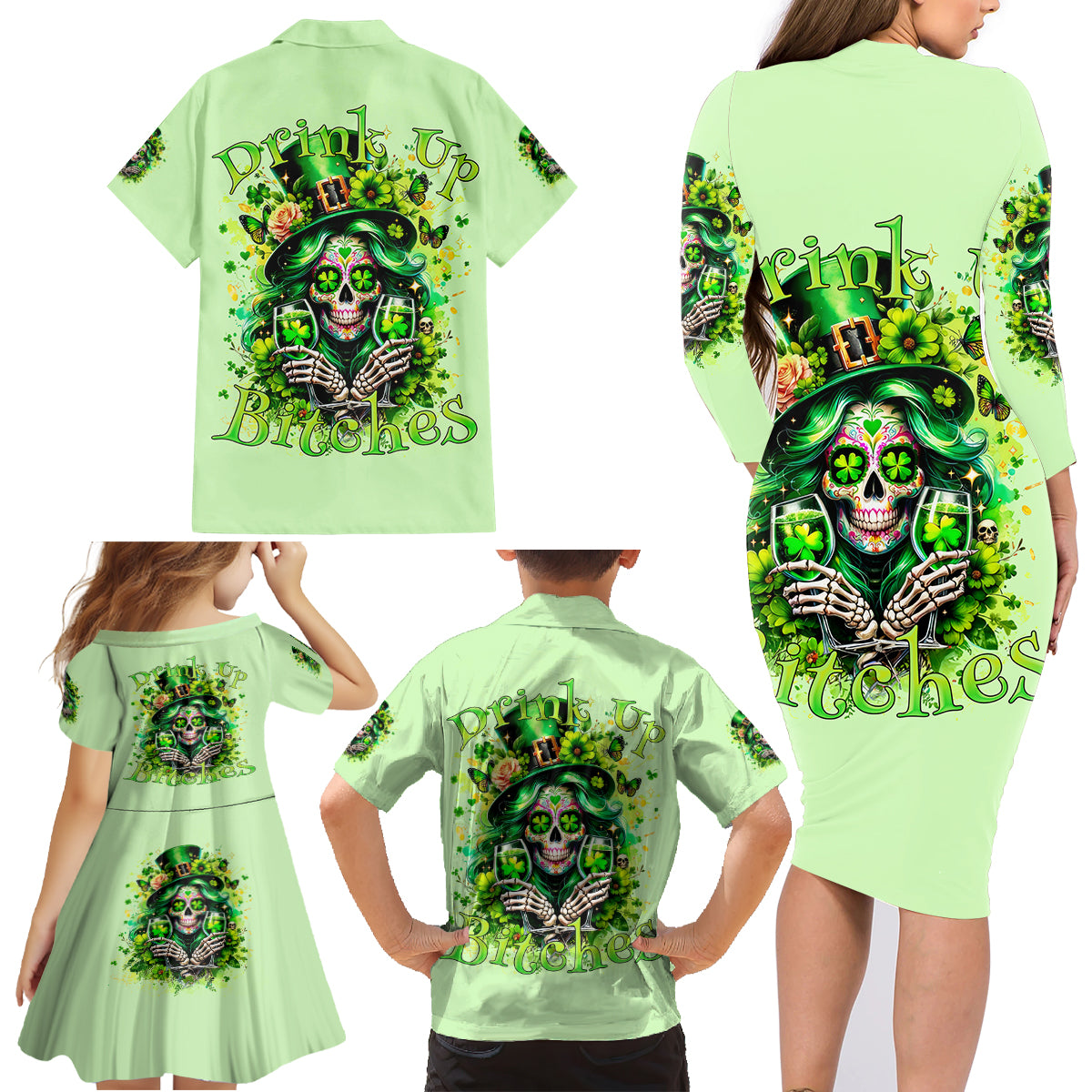 Irish Skull Family Matching Long Sleeve Bodycon Dress and Hawaiian Shirt Drink Up Bitches - Wonder Print Shop