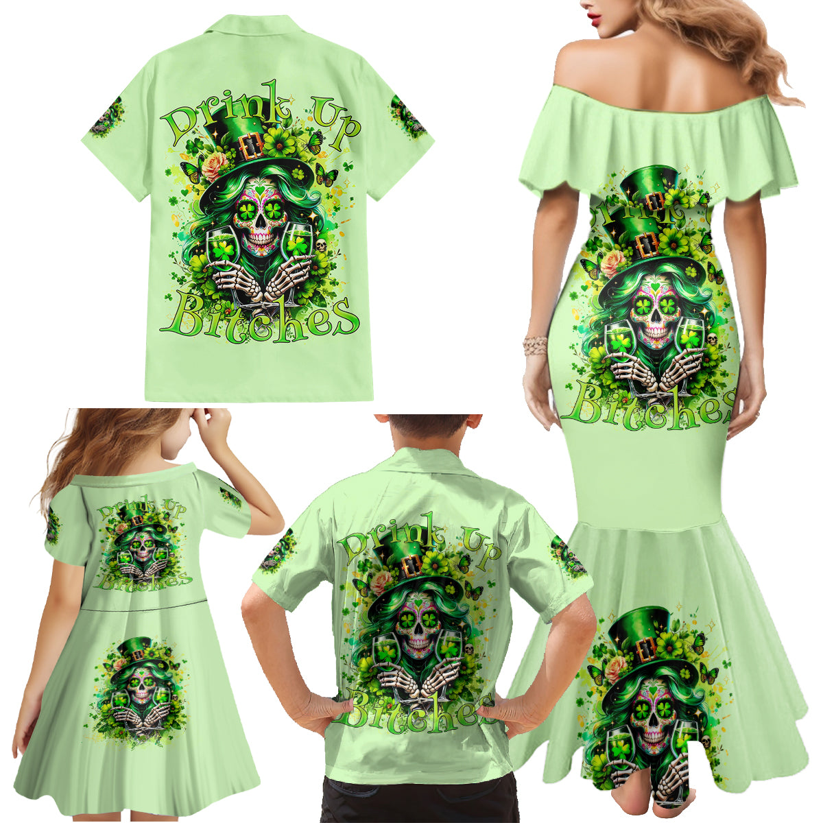 Irish Skull Family Matching Mermaid Dress and Hawaiian Shirt Drink Up Bitches - Wonder Print Shop