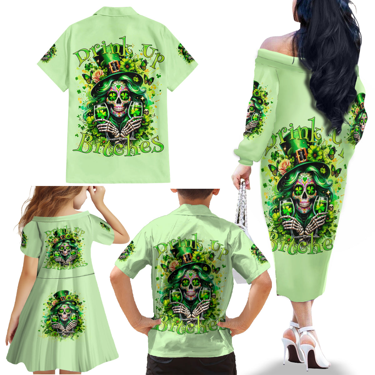 Irish Skull Family Matching Off The Shoulder Long Sleeve Dress and Hawaiian Shirt Drink Up Bitches - Wonder Print Shop