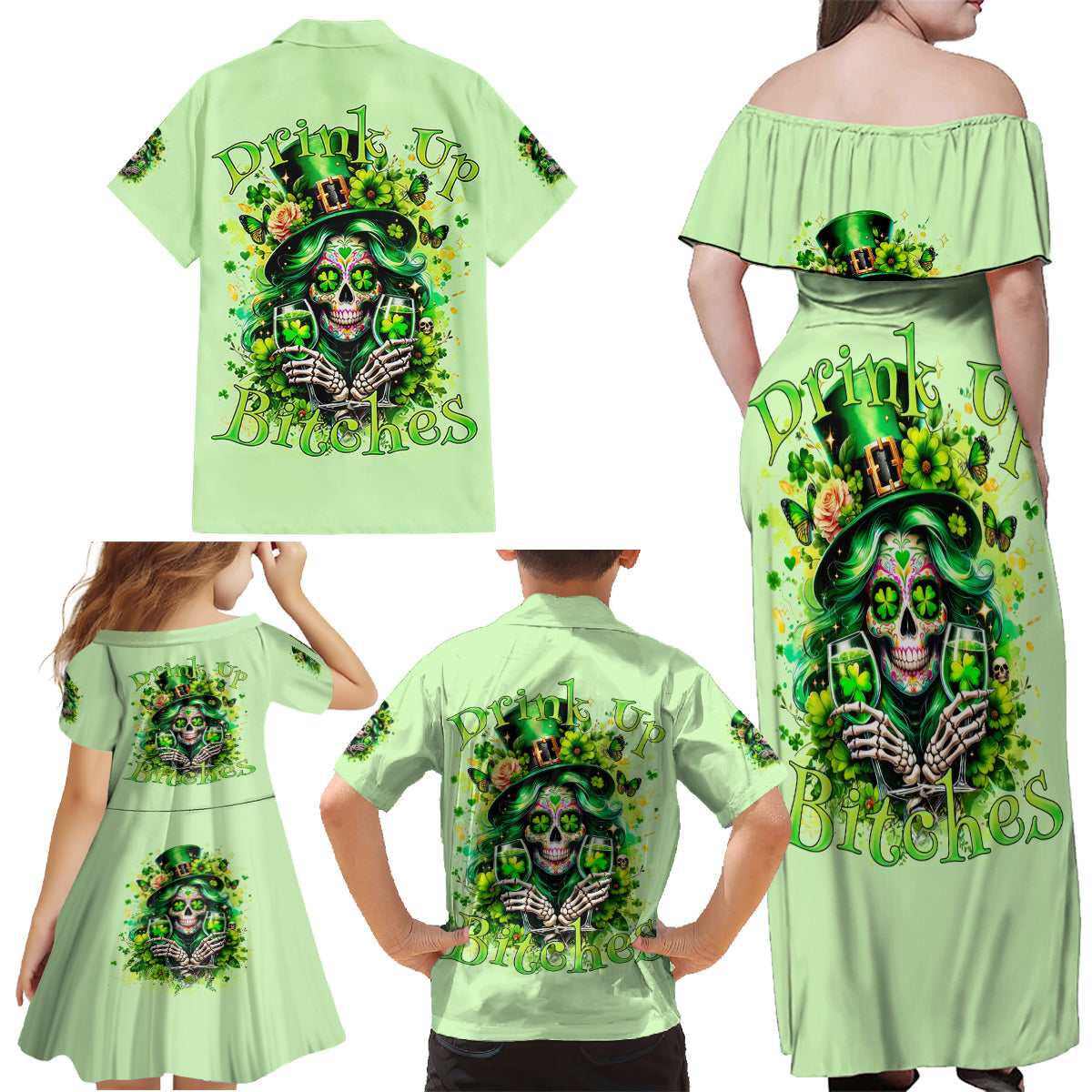 Irish Skull Family Matching Off Shoulder Maxi Dress and Hawaiian Shirt Drink Up Bitches - Wonder Print Shop