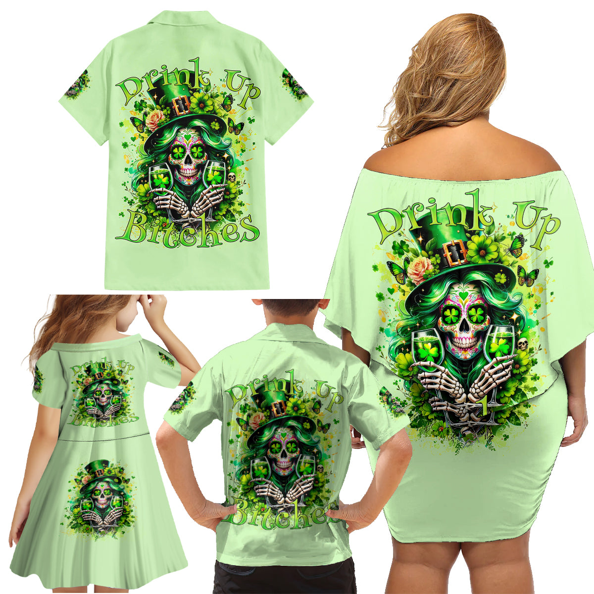 Irish Skull Family Matching Off Shoulder Short Dress and Hawaiian Shirt Drink Up Bitches - Wonder Print Shop