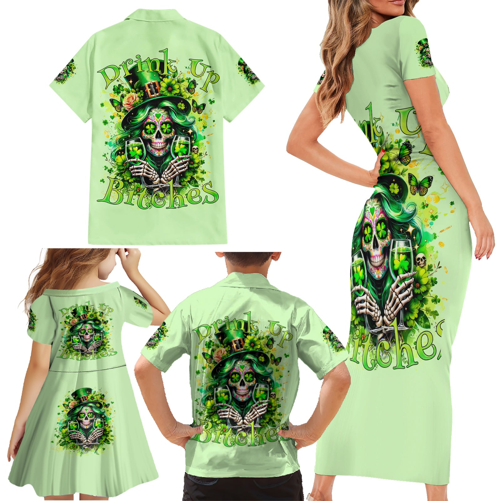 Irish Skull Family Matching Short Sleeve Bodycon Dress and Hawaiian Shirt Drink Up Bitches - Wonder Print Shop