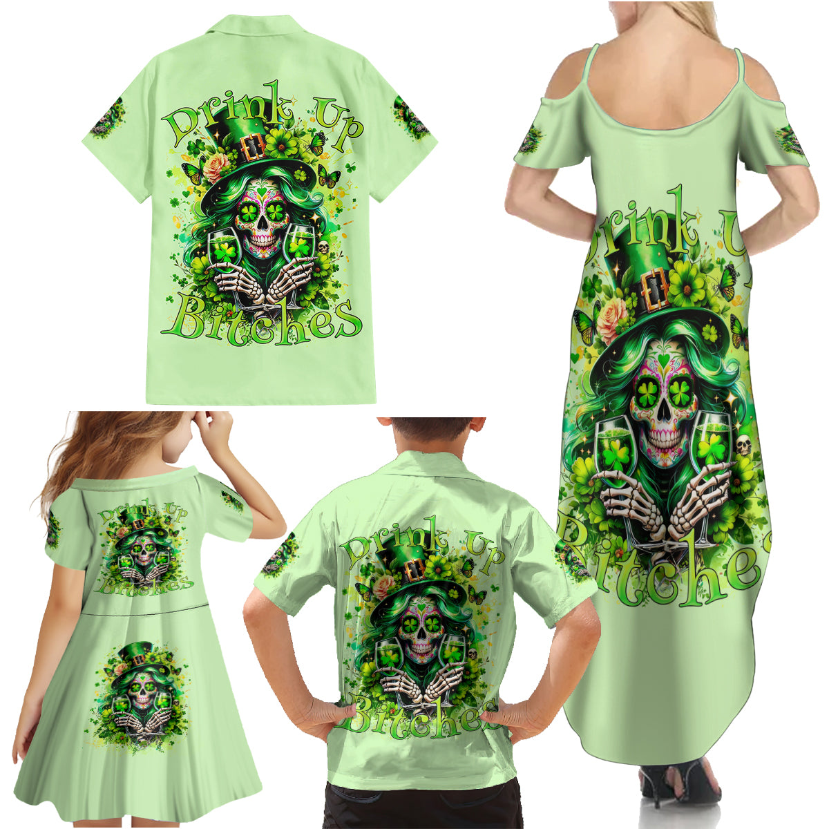 Irish Skull Family Matching Summer Maxi Dress and Hawaiian Shirt Drink Up Bitches - Wonder Print Shop