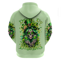 Green pullover hoodie with hood, kangaroo pocket, and front skull-and-shamrock graphic