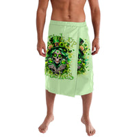 Green lavalava skirt with skull graphic and slogan-style text across front
