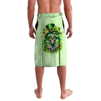 Green lavalava skirt with centered skull graphic and ornate calligraphy