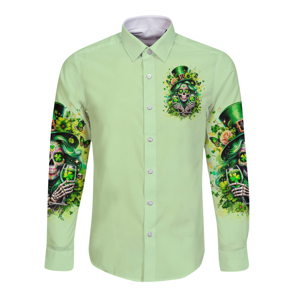 Green long-sleeve button-up shirt with front skull and shamrock emblem