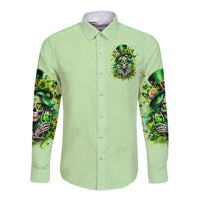 Green long-sleeve button-up shirt with front skull and shamrock emblem
