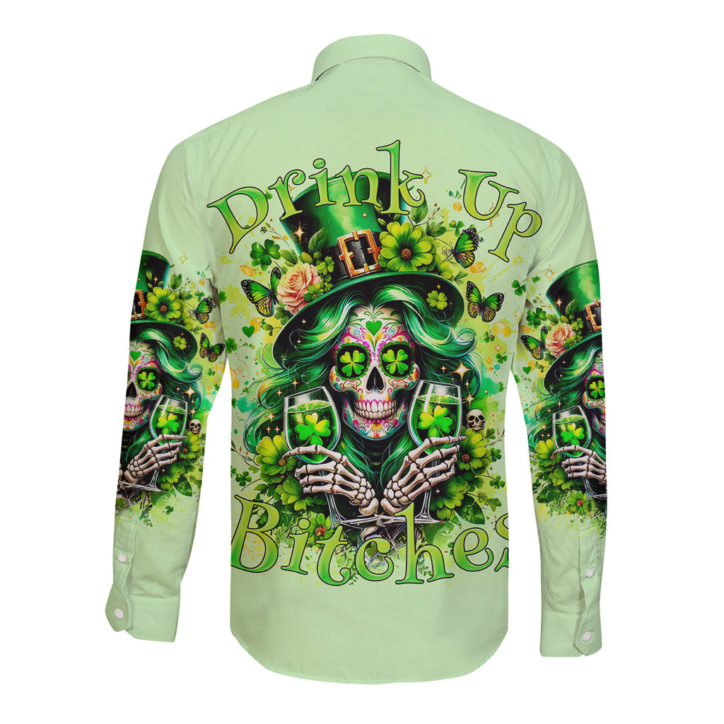 Green long-sleeve button-up shirt with back skull and shamrock graphic