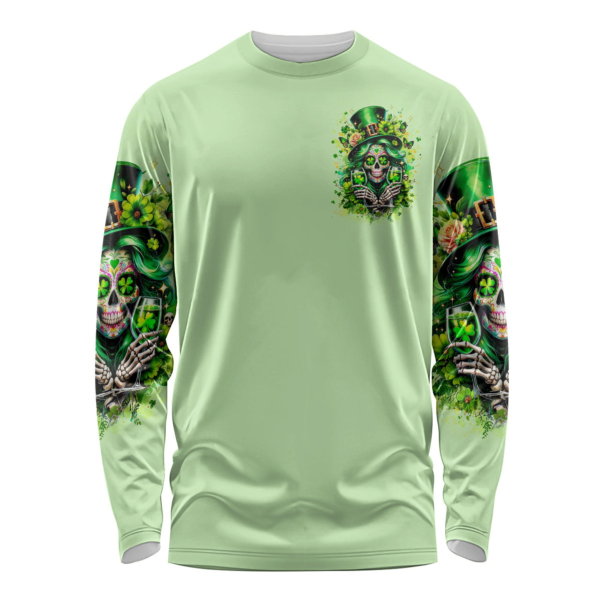 Green long sleeve shirt with front skull-and-clover emblem, printed sleeves