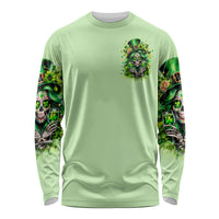 Green long sleeve shirt with front skull-and-clover emblem, printed sleeves