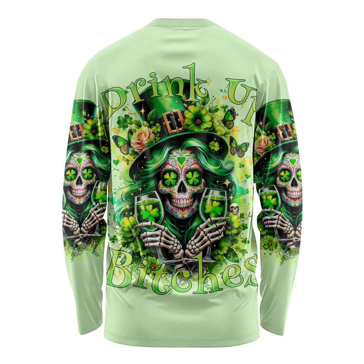 Green long sleeve shirt, skull and shamrock graphic on back, full sleeve print