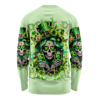 Green long sleeve shirt, skull and shamrock graphic on back, full sleeve print
