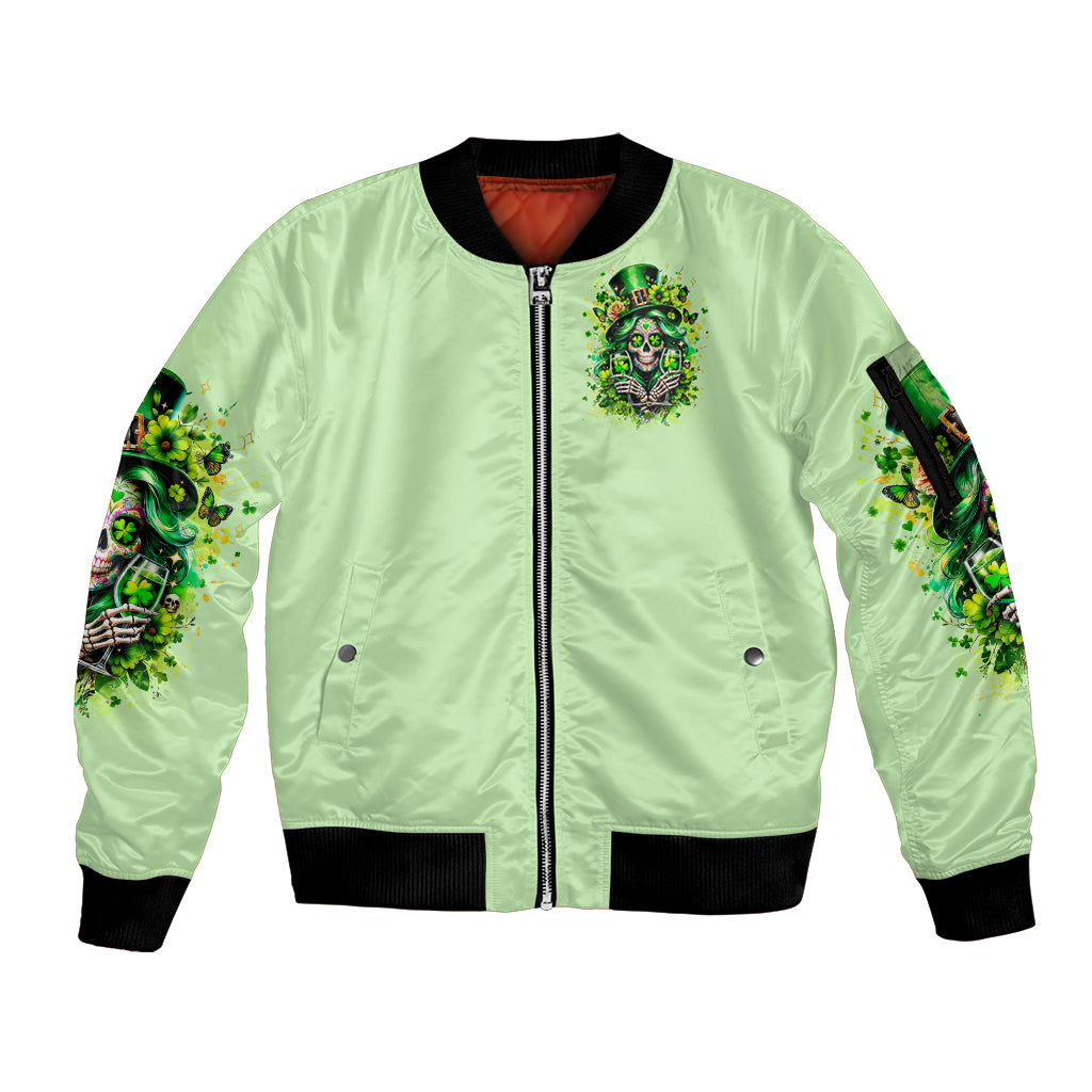 Green zip bomber jacket with ribbed hem, side pockets, and chest skull patch