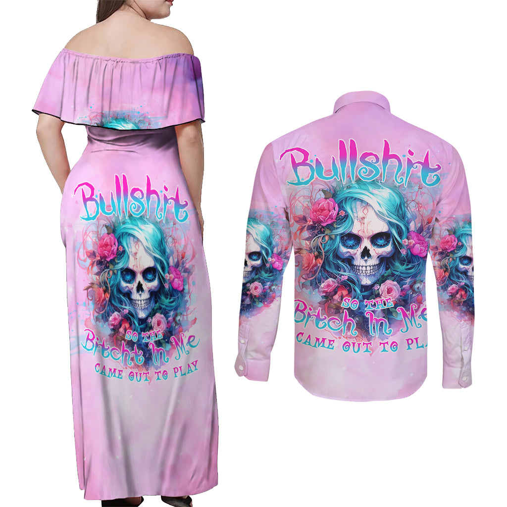 Rose Skull Couples Matching Off Shoulder Maxi Dress and Long Sleeve Button Shirt Bullshit So The Bitch In Me Come Out To Play - Wonder Print Shop