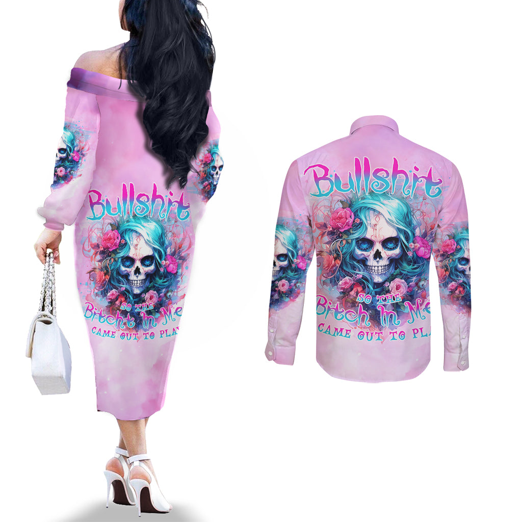 Rose Skull Couples Matching Off The Shoulder Long Sleeve Dress and Long Sleeve Button Shirt Bullshit So The Bitch In Me Come Out To Play