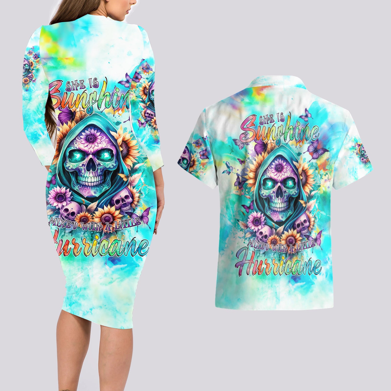 Flower Skull Couples Matching Long Sleeve Bodycon Dress and Hawaiian Shirt She Is Sunshine Mixed With A Little Hurricane - Wonder Print Shop