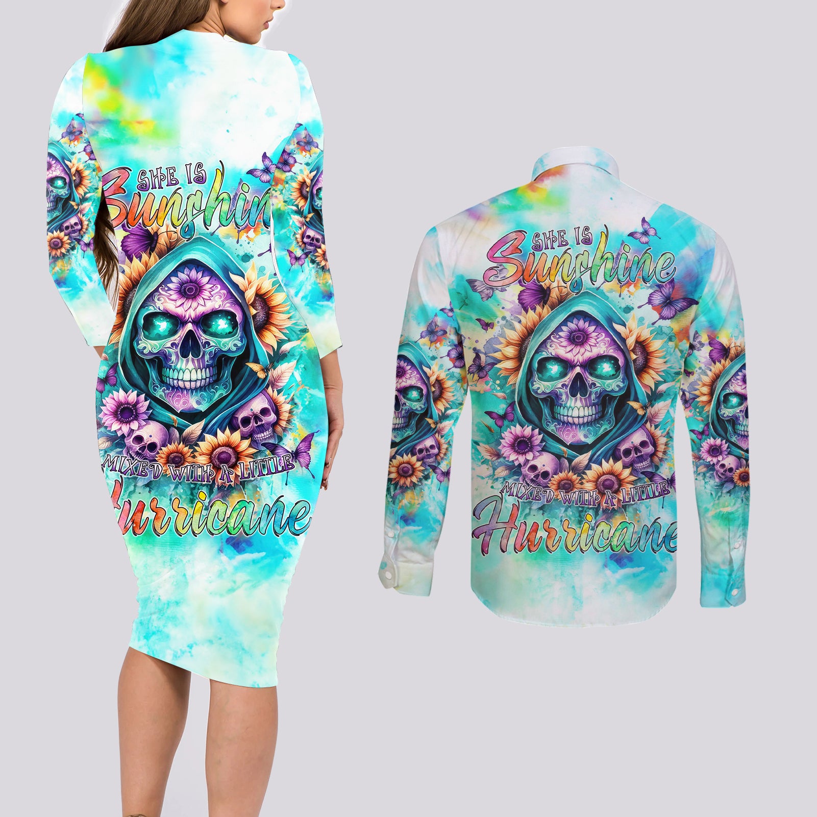 Flower Skull Couples Matching Long Sleeve Bodycon Dress and Long Sleeve Button Shirt She Is Sunshine Mixed With A Little Hurricane - Wonder Print Shop