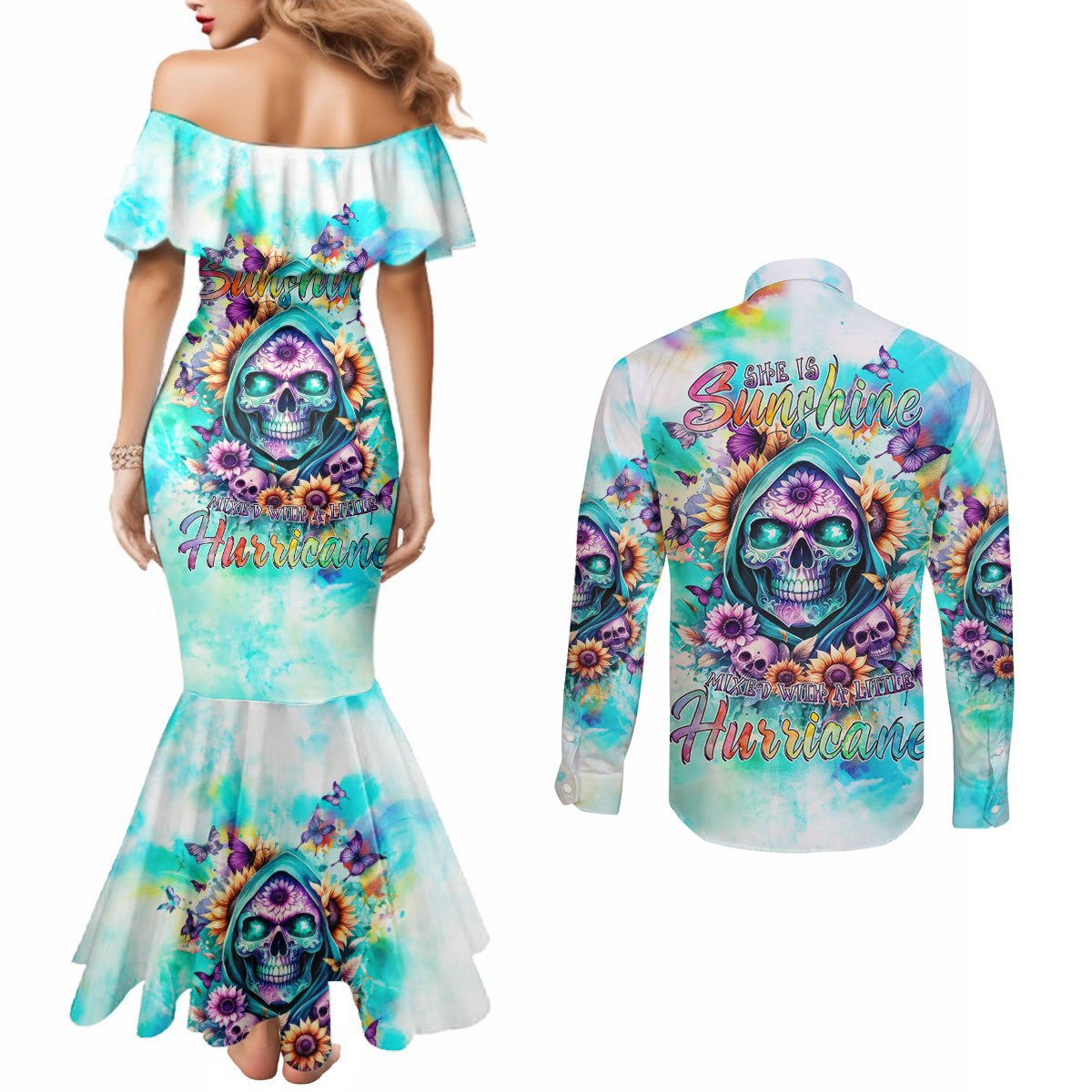 Flower Skull Couples Matching Mermaid Dress and Long Sleeve Button Shirt She Is Sunshine Mixed With A Little Hurricane