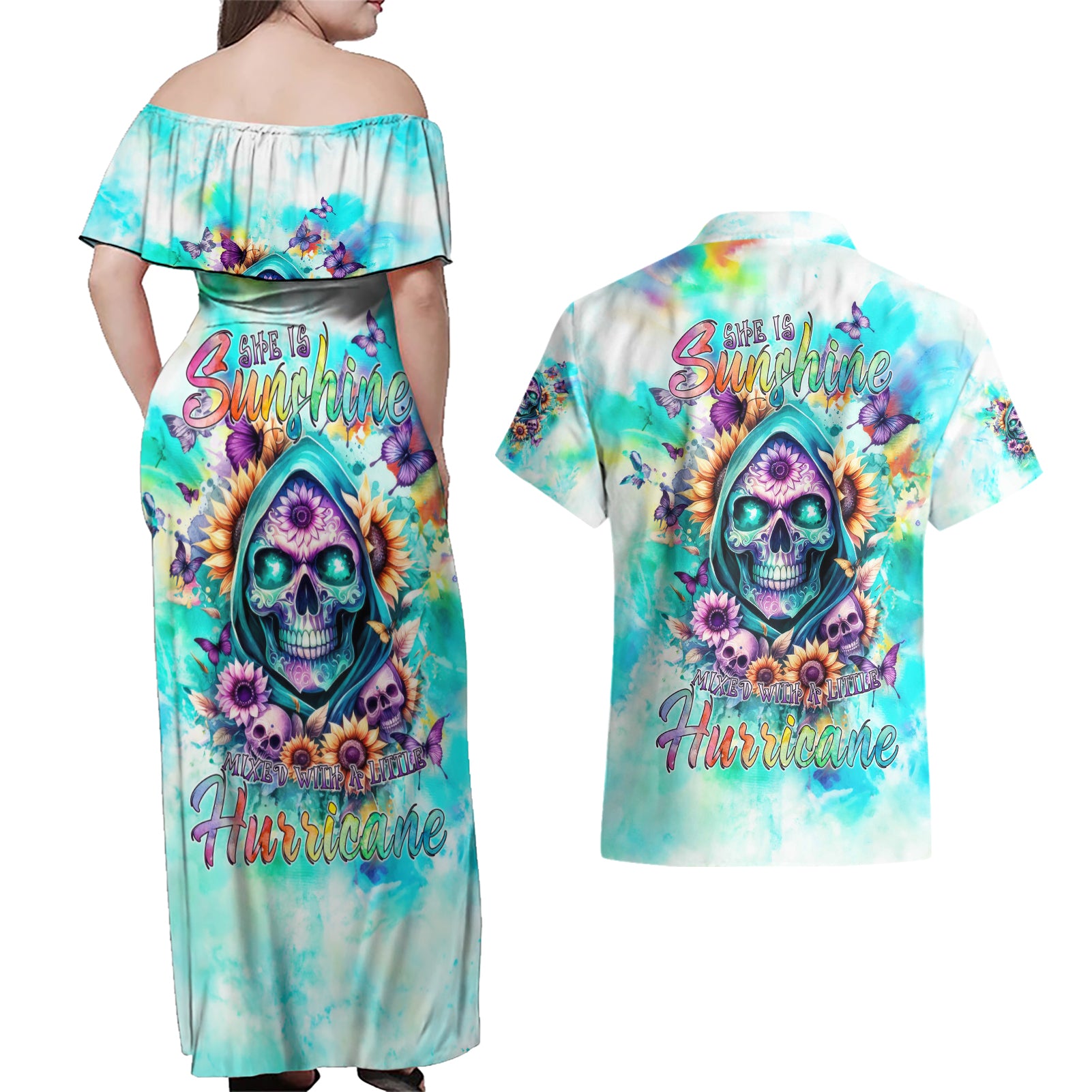 Flower Skull Couples Matching Off Shoulder Maxi Dress and Hawaiian Shirt She Is Sunshine Mixed With A Little Hurricane - Wonder Print Shop