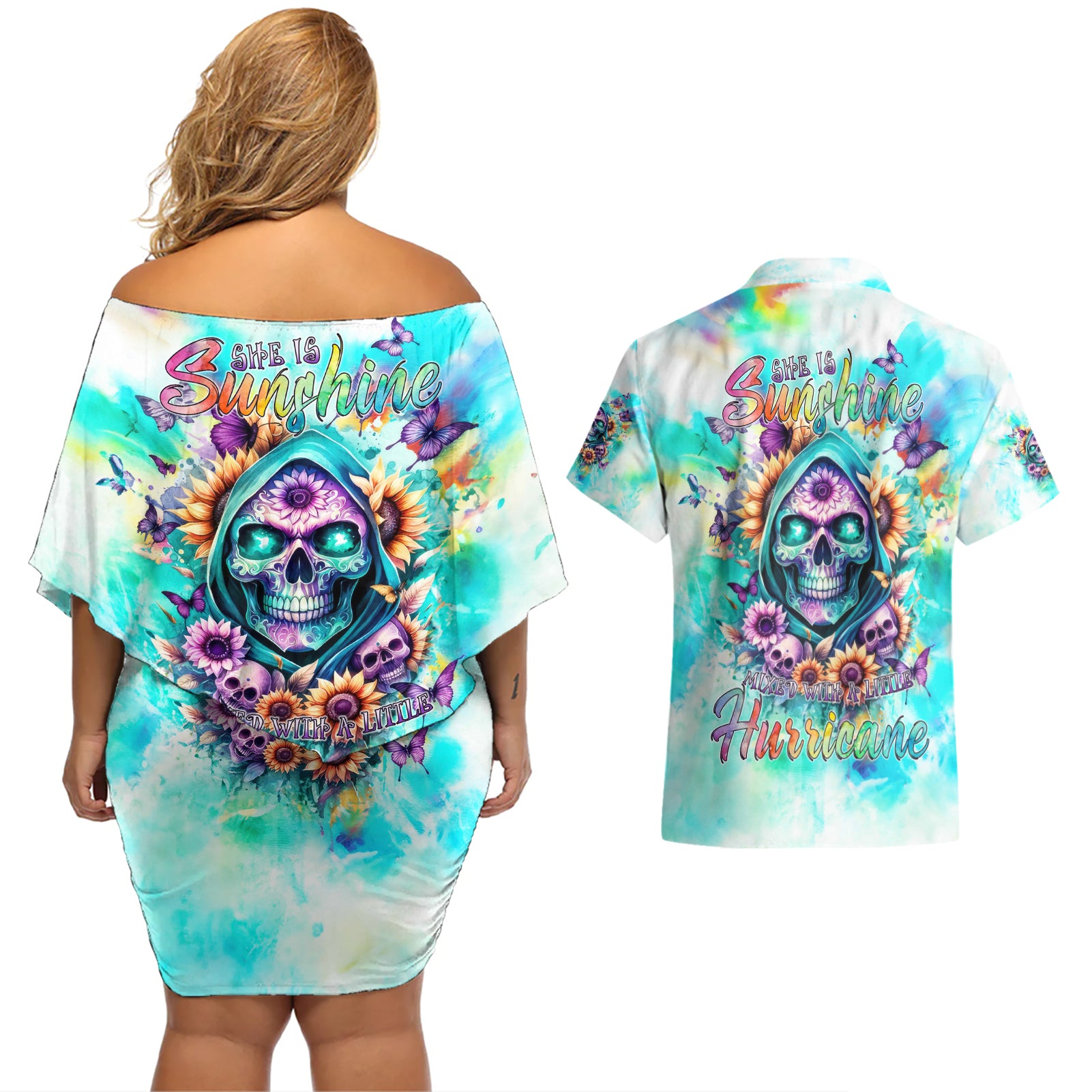 Flower Skull Couples Matching Off Shoulder Short Dress and Hawaiian Shirt She Is Sunshine Mixed With A Little Hurricane - Wonder Print Shop